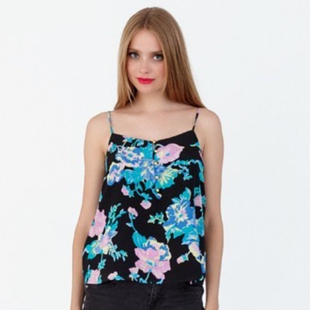 NWT YUMI KIM Black silk cami top blouse Teal Lilac Floral Print S
